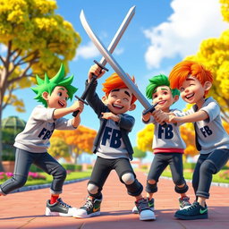 A vibrant 3D animated scene depicting a group of four boys engaging in a playful sword fight
