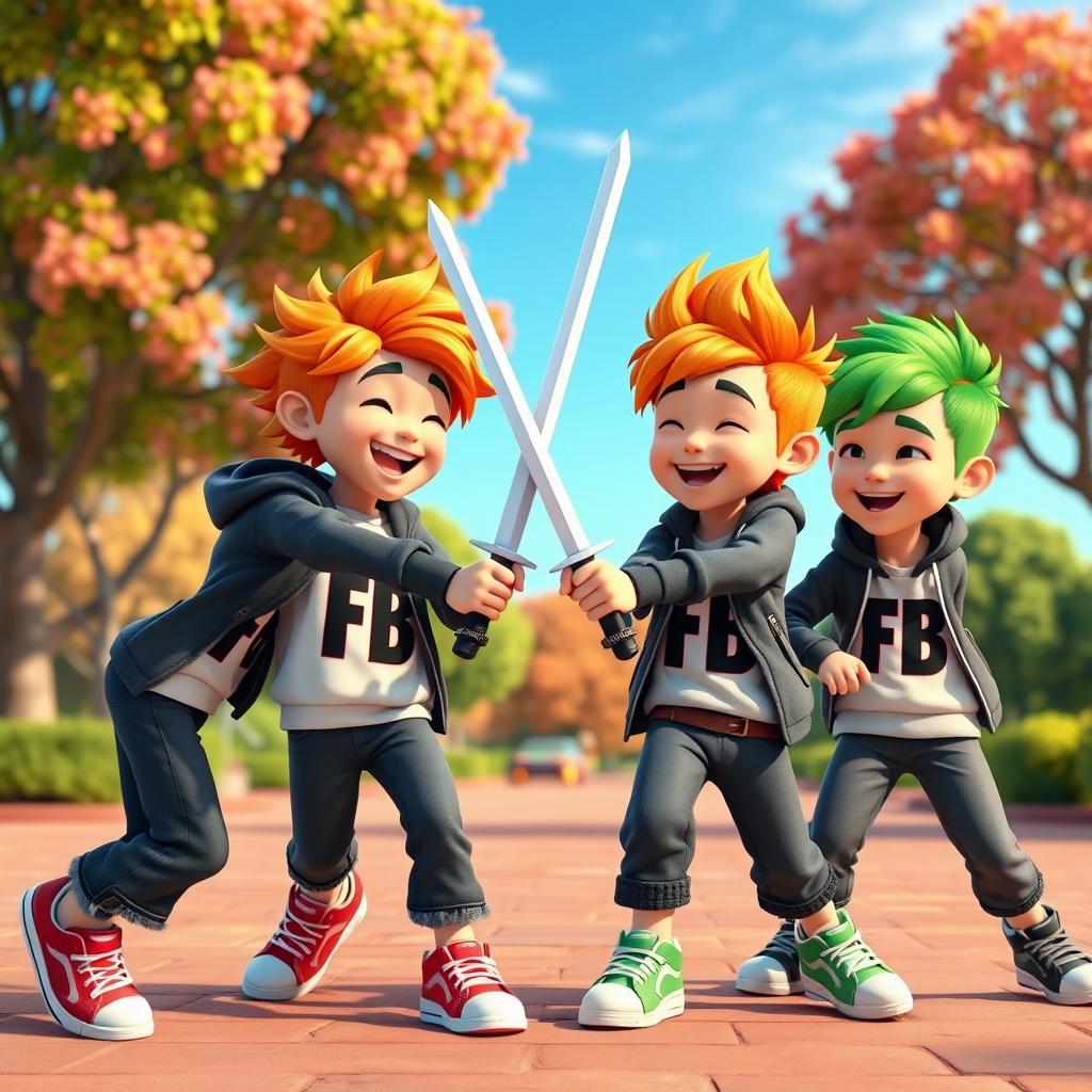 A vibrant 3D animated scene depicting a group of four boys engaging in a playful sword fight