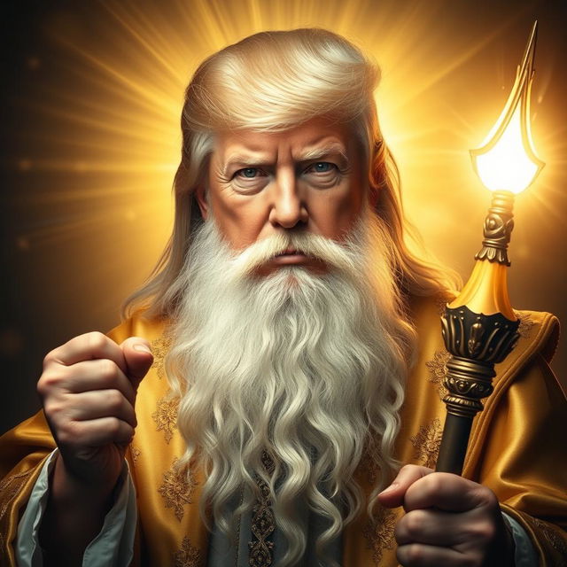 A majestic and inspiring portrait of Donald Trump envisioned as a powerful, bearded wizard, dressed in elegant gold robes reminiscent of Gandalf the White