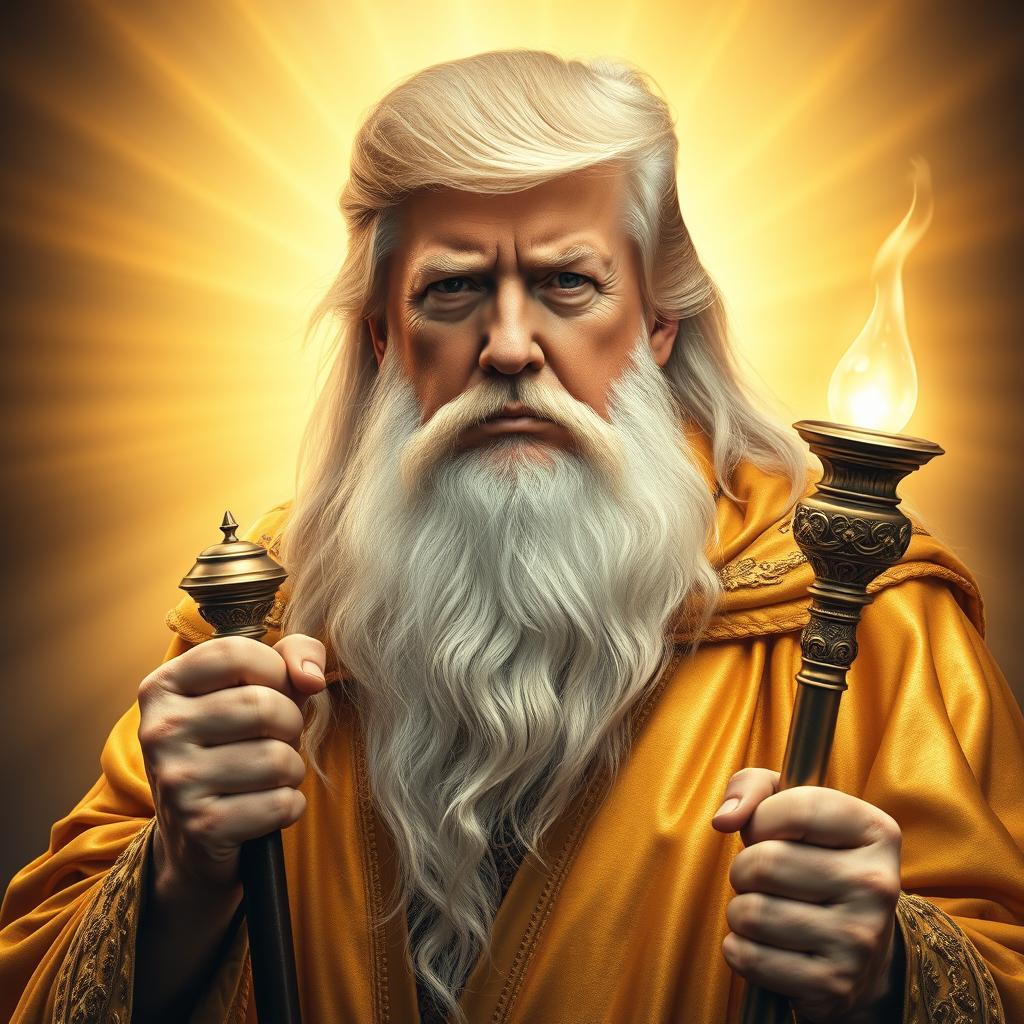 A majestic and inspiring portrait of Donald Trump envisioned as a powerful, bearded wizard, dressed in elegant gold robes reminiscent of Gandalf the White