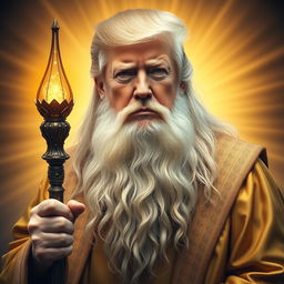 A majestic and inspiring portrait of Donald Trump envisioned as a powerful, bearded wizard, dressed in elegant gold robes reminiscent of Gandalf the White