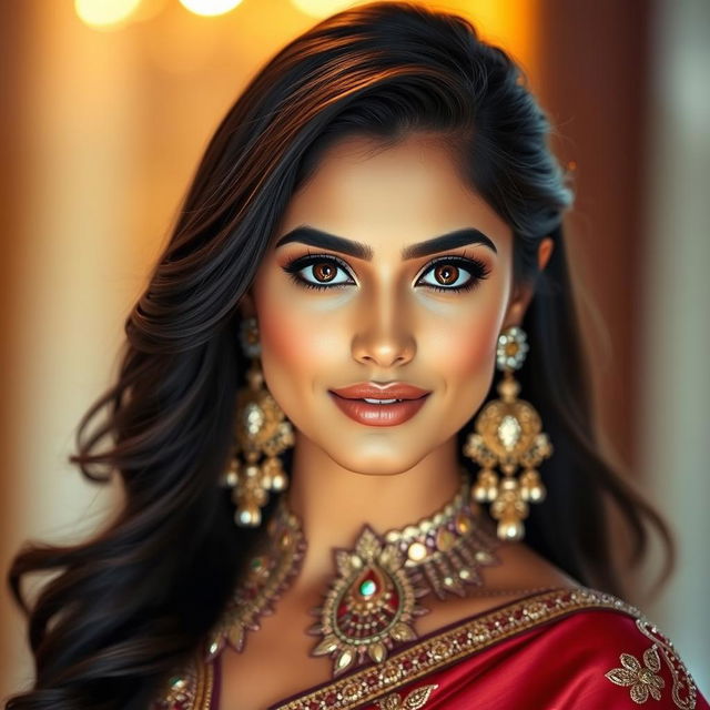 A portrait of an Indian actress with stunning features and expressive eyes, styled in glamorous fashion