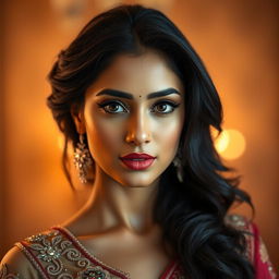 A portrait of an Indian actress with stunning features and expressive eyes, styled in glamorous fashion
