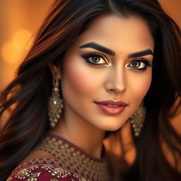 A portrait of an Indian actress with stunning features and expressive eyes, styled in glamorous fashion