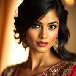 A portrait of an Indian actress with stunning features and expressive eyes, styled in glamorous fashion