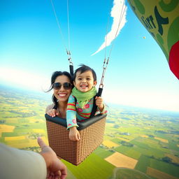 A joyful scene featuring a 5-year-old girl named Sania flying in a hot air balloon with her mother and father
