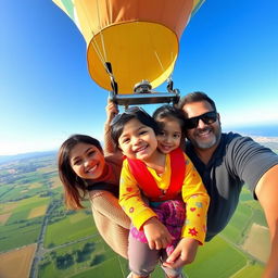 A joyful scene featuring a 5-year-old girl named Sania flying in a hot air balloon with her mother and father