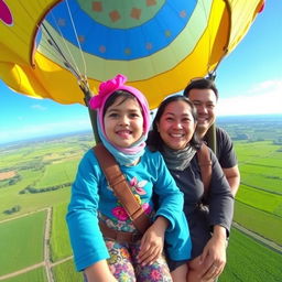 A joyful scene featuring a 5-year-old girl named Sania flying in a hot air balloon with her mother and father