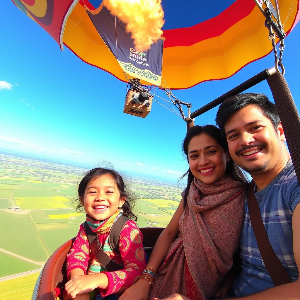 A joyful scene featuring a 5-year-old girl named Sania flying in a hot air balloon with her mother and father