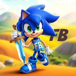 A dynamic 3D animated character design of a female version of Sonic the Hedgehog, featuring her holding a gleaming sword
