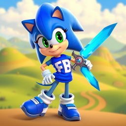 A dynamic 3D animated character design of a female version of Sonic the Hedgehog, featuring her holding a gleaming sword