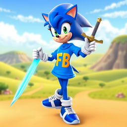 A dynamic 3D animated character design of a female version of Sonic the Hedgehog, featuring her holding a gleaming sword