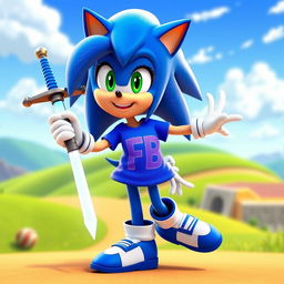 A dynamic 3D animated character design of a female version of Sonic the Hedgehog, featuring her holding a gleaming sword