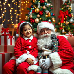 A festive scene featuring a 5-year-old girl named Sania sitting happily alongside Santa Claus