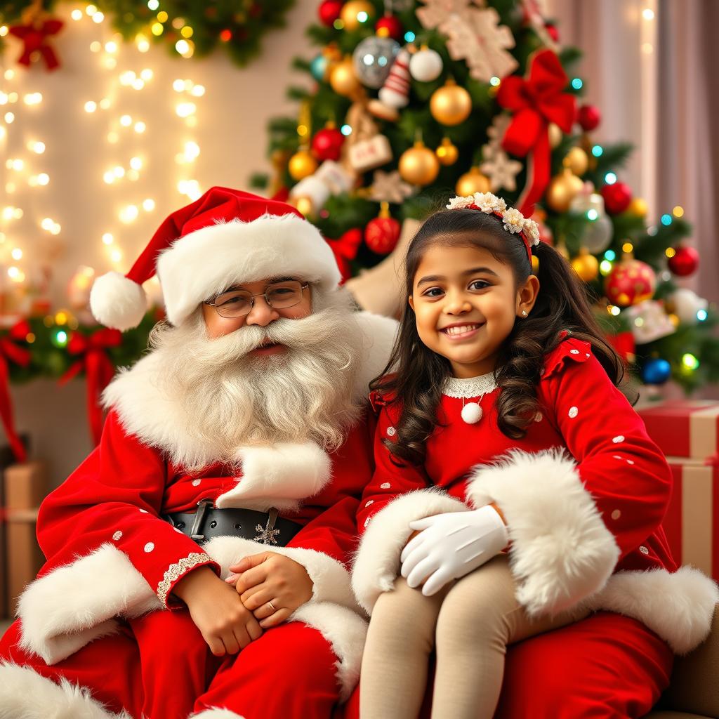 A festive scene featuring a 5-year-old girl named Sania sitting happily alongside Santa Claus