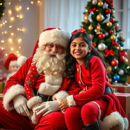 A festive scene featuring a 5-year-old girl named Sania sitting happily alongside Santa Claus