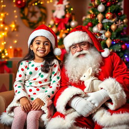 A festive scene featuring a 5-year-old girl named Sania sitting happily alongside Santa Claus