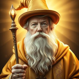 A majestic and inspiring portrait of Donald Trump envisioned as a powerful, bearded wizard, dressed in elegant gold robes and a whimsical wizard hat, resembling Gandalf the White