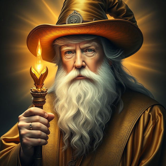 A majestic and inspiring portrait of Donald Trump envisioned as a powerful, bearded wizard, dressed in elegant gold robes and a whimsical wizard hat, resembling Gandalf the White