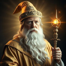 A majestic and inspiring portrait of Donald Trump envisioned as a powerful, bearded wizard, dressed in elegant gold robes and a whimsical wizard hat, resembling Gandalf the White