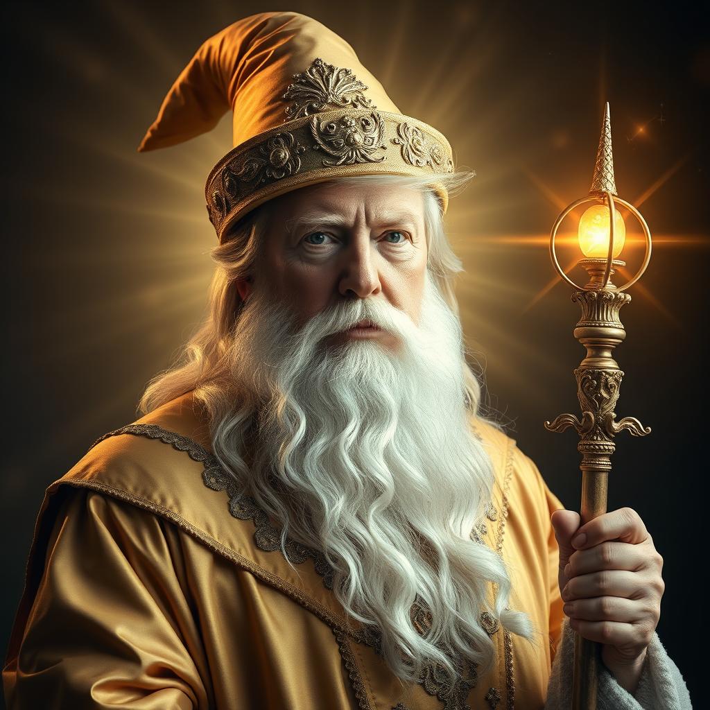 A majestic and inspiring portrait of Donald Trump envisioned as a powerful, bearded wizard, dressed in elegant gold robes and a whimsical wizard hat, resembling Gandalf the White