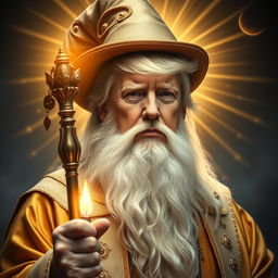 A majestic and inspiring portrait of Donald Trump envisioned as a powerful, bearded wizard, dressed in elegant gold robes and a whimsical wizard hat, resembling Gandalf the White