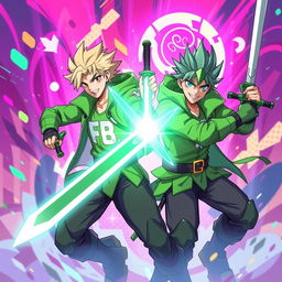 A dynamic illustration of two male characters wielding swords, dressed in spiky green combat attire that has an edgy, futuristic style