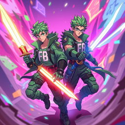 A dynamic illustration of two male characters wielding swords, dressed in spiky green combat attire that has an edgy, futuristic style