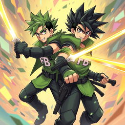 A dynamic illustration of two male characters wielding swords, dressed in spiky green combat attire that has an edgy, futuristic style