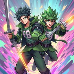 A dynamic illustration of two male characters wielding swords, dressed in spiky green combat attire that has an edgy, futuristic style