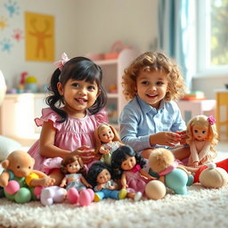 A heartwarming scene featuring two young girls playing with dolls in a bright, colorful playroom
