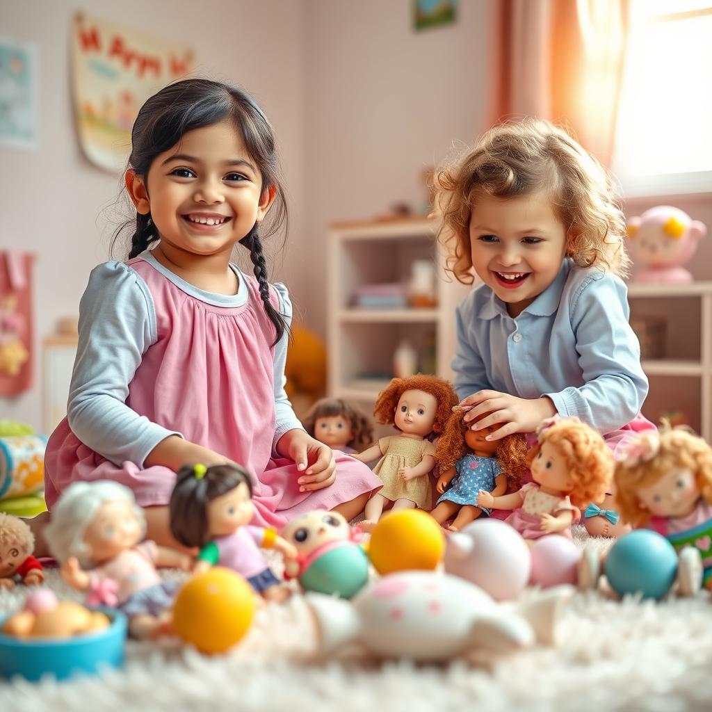 A heartwarming scene featuring two young girls playing with dolls in a bright, colorful playroom