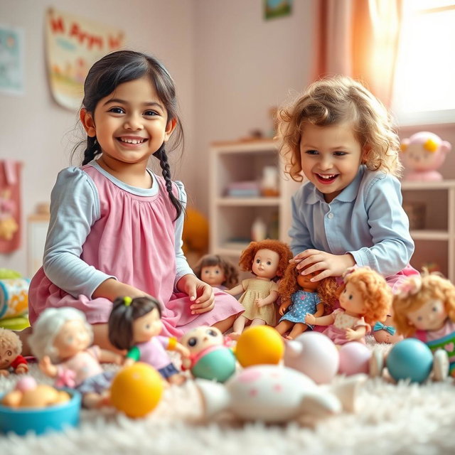 A heartwarming scene featuring two young girls playing with dolls in a bright, colorful playroom