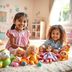 A heartwarming scene featuring two young girls playing with dolls in a bright, colorful playroom