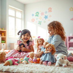 A heartwarming scene featuring two young girls playing with dolls in a bright, colorful playroom