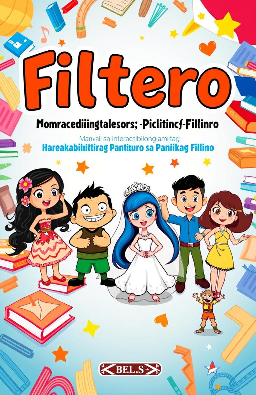 Create a vibrant and colorful cover design titled "Filtero: Manwal sa Interaktibong Kagamitang Panturo sa Panitikang Filipino"