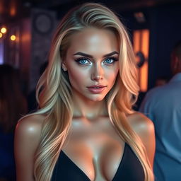A stunning 25-year-old woman with long blonde hair and striking blue eyes