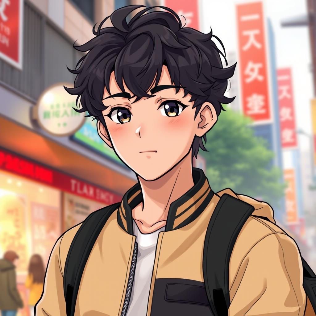 An attractive young man in a manhwa style, around 16-17 years old, with dark curly hair that is not too short, wearing a beige and black university jacket