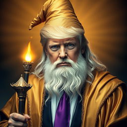 A majestic and inspiring portrait of Donald Trump envisioned as a dignified, powerful, bearded wizard, dressed in elegant gold robes paired with a purple tie and a whimsical wizard hat, resembling Gandalf the White