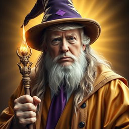 A majestic and inspiring portrait of Donald Trump envisioned as a dignified, powerful, bearded wizard, dressed in elegant gold robes paired with a purple tie and a whimsical wizard hat, resembling Gandalf the White