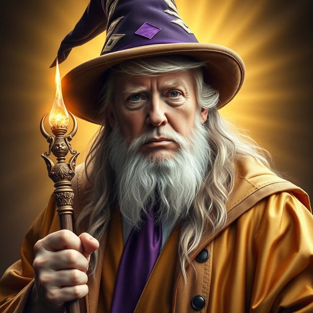 A majestic and inspiring portrait of Donald Trump envisioned as a dignified, powerful, bearded wizard, dressed in elegant gold robes paired with a purple tie and a whimsical wizard hat, resembling Gandalf the White
