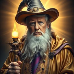 A majestic and inspiring portrait of Donald Trump envisioned as a dignified, powerful, bearded wizard, dressed in elegant gold robes paired with a purple tie and a whimsical wizard hat, resembling Gandalf the White