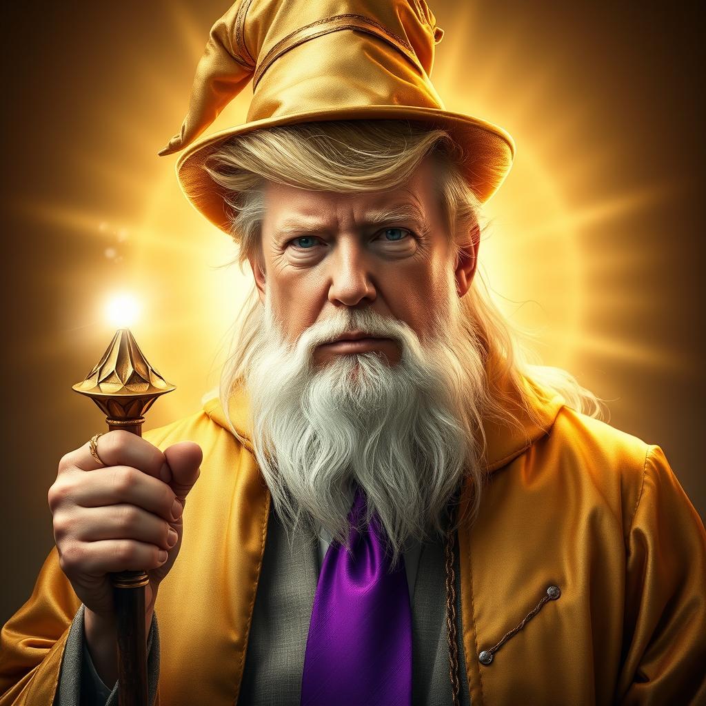A majestic and inspiring portrait of Donald Trump envisioned as a dignified, powerful, bearded wizard, dressed in elegant gold robes paired with a purple tie and a whimsical wizard hat, resembling Gandalf the White