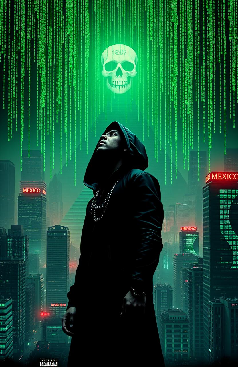 A striking album cover for a Mexican rap song titled 'Resurrección', inspired by the movie The Matrix