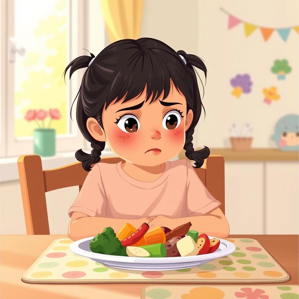 A concerned scene featuring a 5-year-old girl named Sania sitting at a dining table with a plate of food in front of her