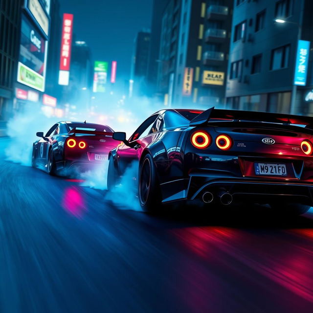 A high-quality loading menu for a drifting and racing game, featuring three cars drifting with visible tire smoke