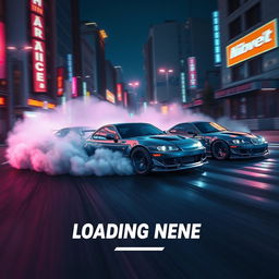 A high-quality loading menu for a drifting and racing game, featuring three cars drifting with visible tire smoke