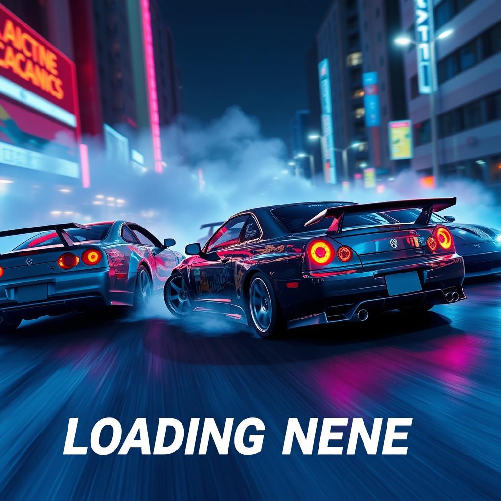 A high-quality loading menu for a drifting and racing game, featuring three cars drifting with visible tire smoke
