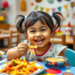 A joyful scene of a 5-year-old girl named Sania with a chubby face happily eating a meal