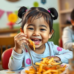 A joyful scene of a 5-year-old girl named Sania with a chubby face happily eating a meal